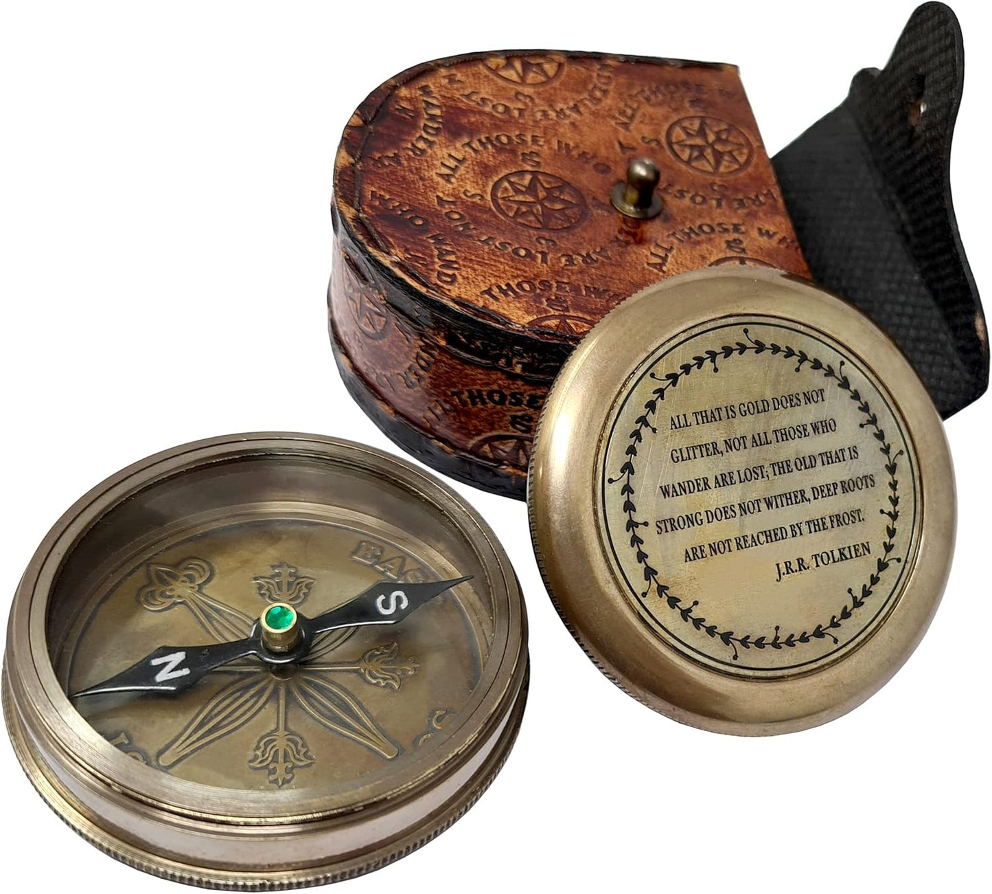 Brass Nautical - Not All Those Who Wander are Lost Brass Gift Engraved Compass with Leather case, Graduation Day Baptism Communion Confirmation Day Motivational LOTR J.R.R. Tolkien