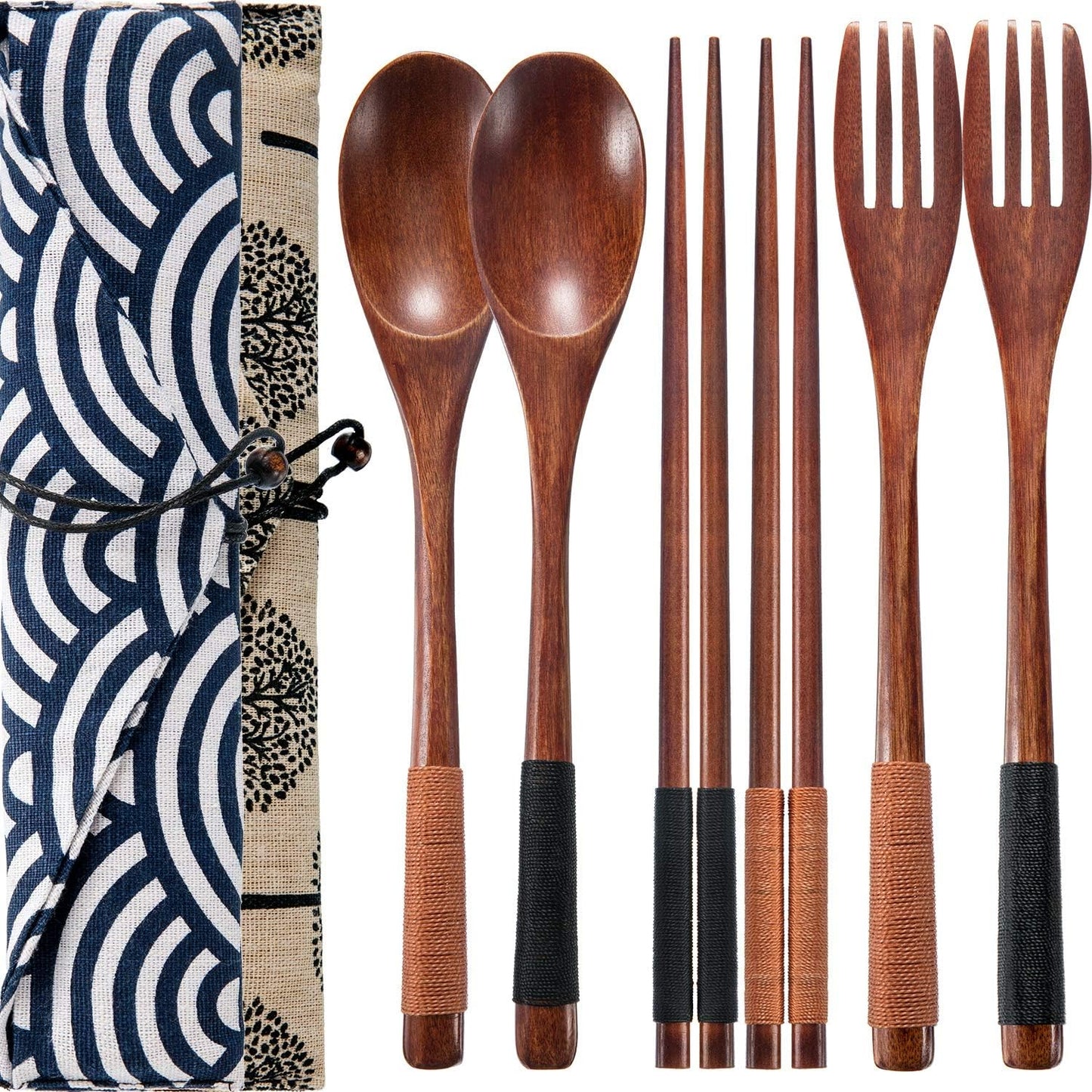 2 Sets Wooden Utensil Set, Travel Utensils for Eating, Wooden Fork Spoon Chopsticks, Reusable Portable Flatware Cutlery Set, Tied Line Flatware with Pouch for Lunch Camping Traveling