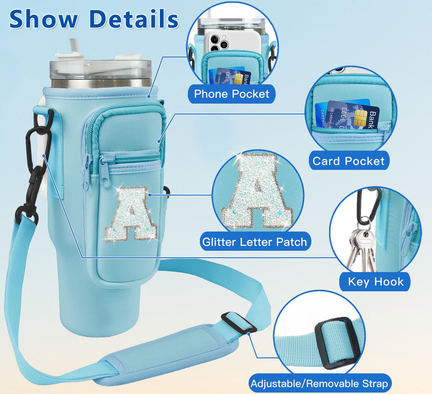 Janhavi Initial Water Bottle Holder for Stanley 40 oz Tumbler, Mom Birthday Gift, Mum