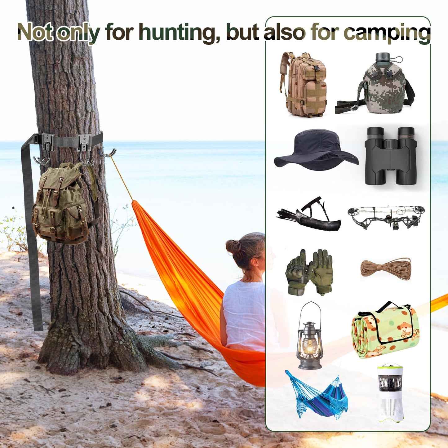 PAMASE Tree Stand Gear Hangers with 3 Metal Hooks - Thick Strap Bow Hanger for Hunting with Metal Buckle, Arrows Bag Archery Equipment Holder, Hunt Deer Treestand Saddle Accessory Kit