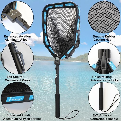 GOODCAT Floating Fish Landing Net for Steelhead & Trout, Foldable & Lightweight Rubber Mesh with Non-Slip Handle, Easy Transportation Fishing Net for Kayak Boat Fly (B: Square-Extend Length:32.5")