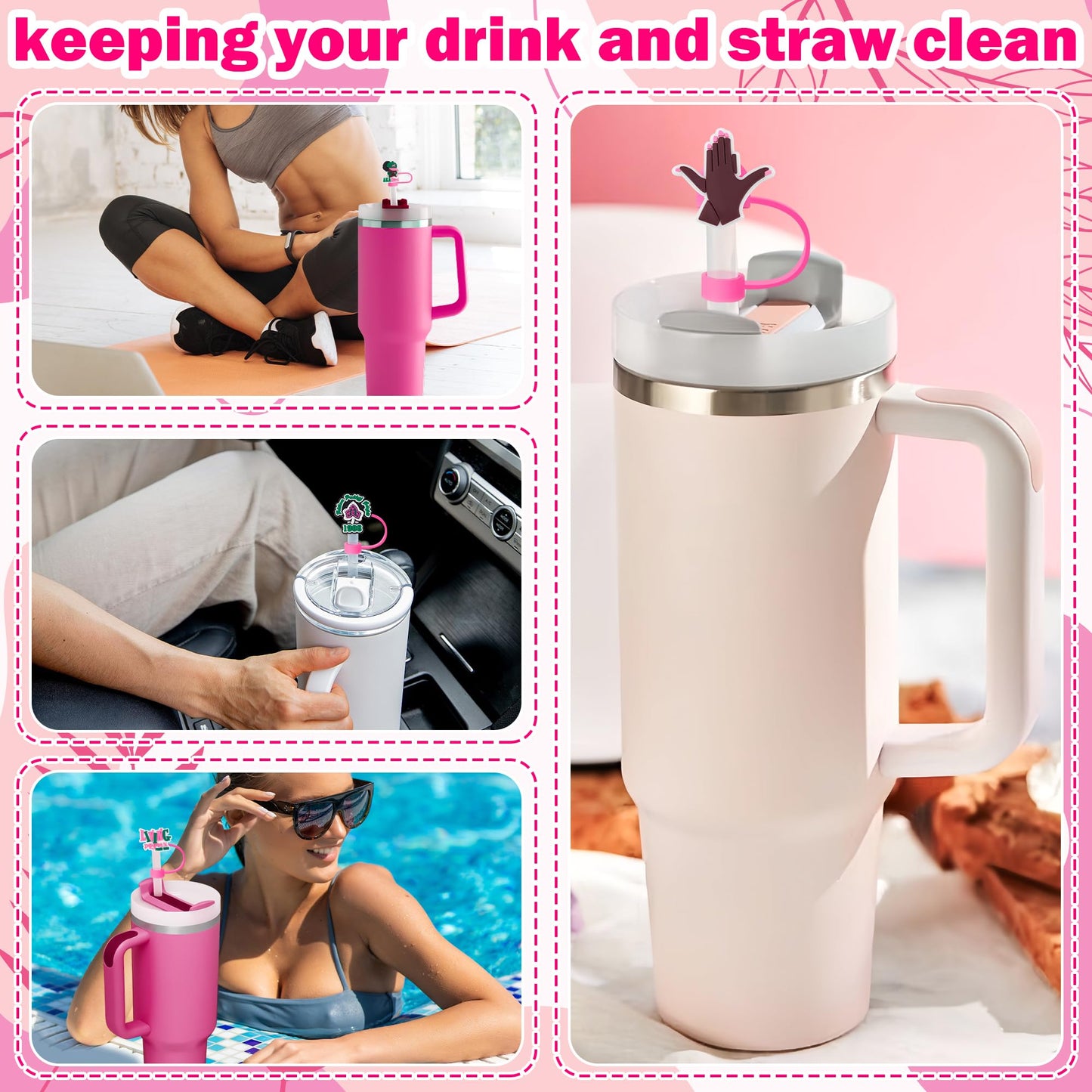 12Pcs Pink Girl Straw Cap Covers for 40oz Stanley Cup Silicone Dust Straws Caps Straw Topper Tips for 0.4inch Straws Cup Accessories