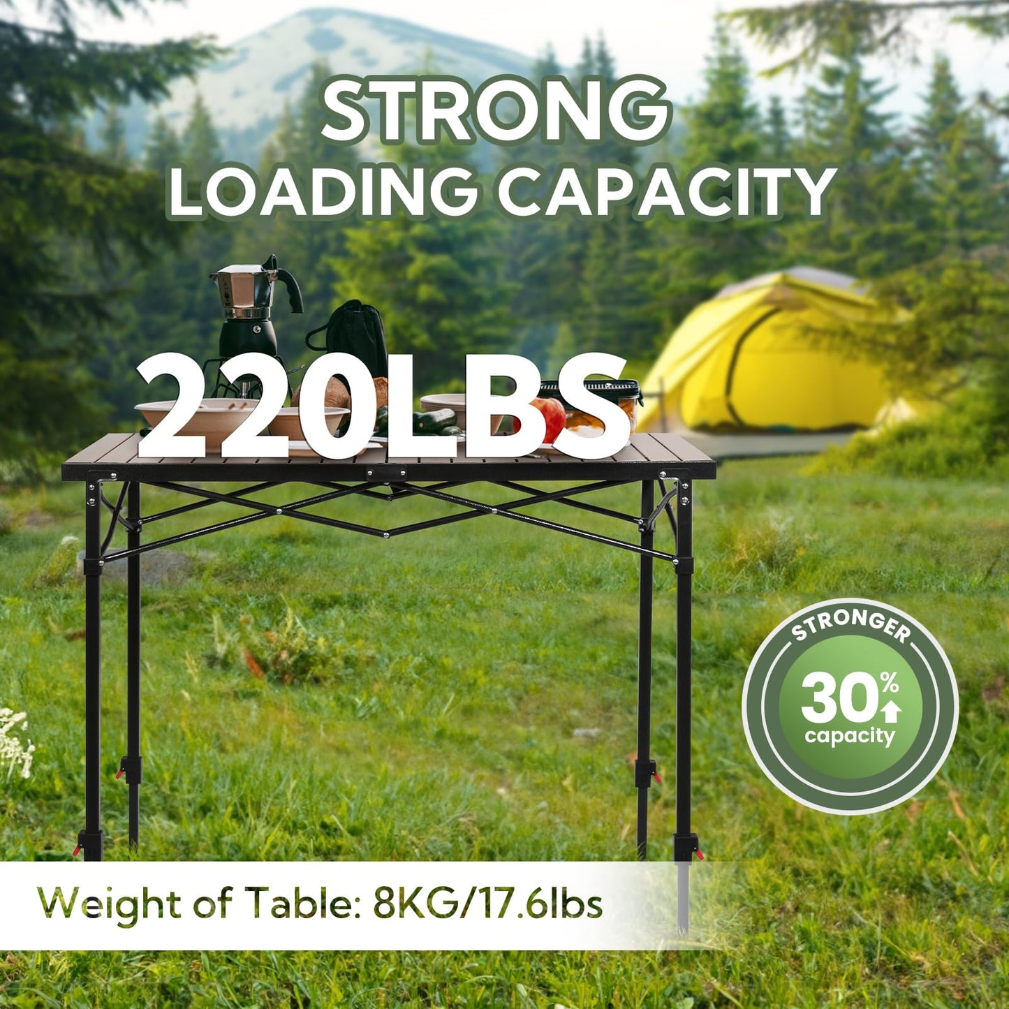Join Nature Portable Outdoor Adjustable Height Camping Table, Large for 2-6 Person, Foldable Roll-up Aluminum Camp Table with Carry Bag for Picnic, Camp, Sturdy, Stable, Loads 220 Lbs