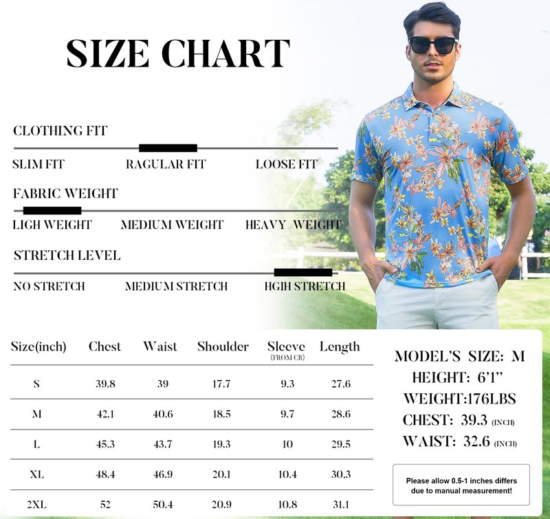 Damipow Mens Golf Shirts Dry Fit Polo Shirts Moisture Wicking Short Sleeve Hawaiian Polo Shirt