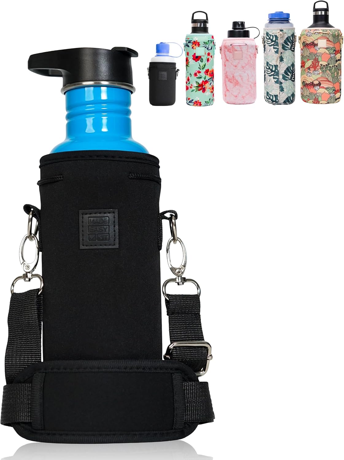 Insulated Neoprene Water Bottle Carrier | Adjustable Sling Pouch | Black, Large