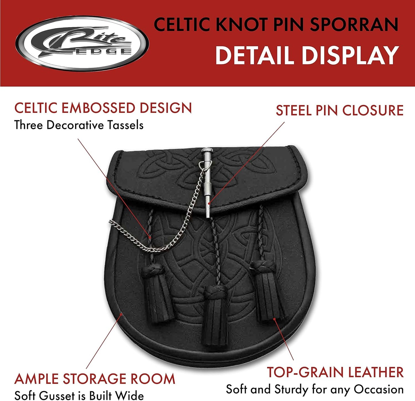 SZCO 8" Celtic Knot Leather Sporran with Adjustable Chain & Belt, Black – Tassel Design, Stainless Steel Pin – Perfect for Kilts, Costumes, and Events