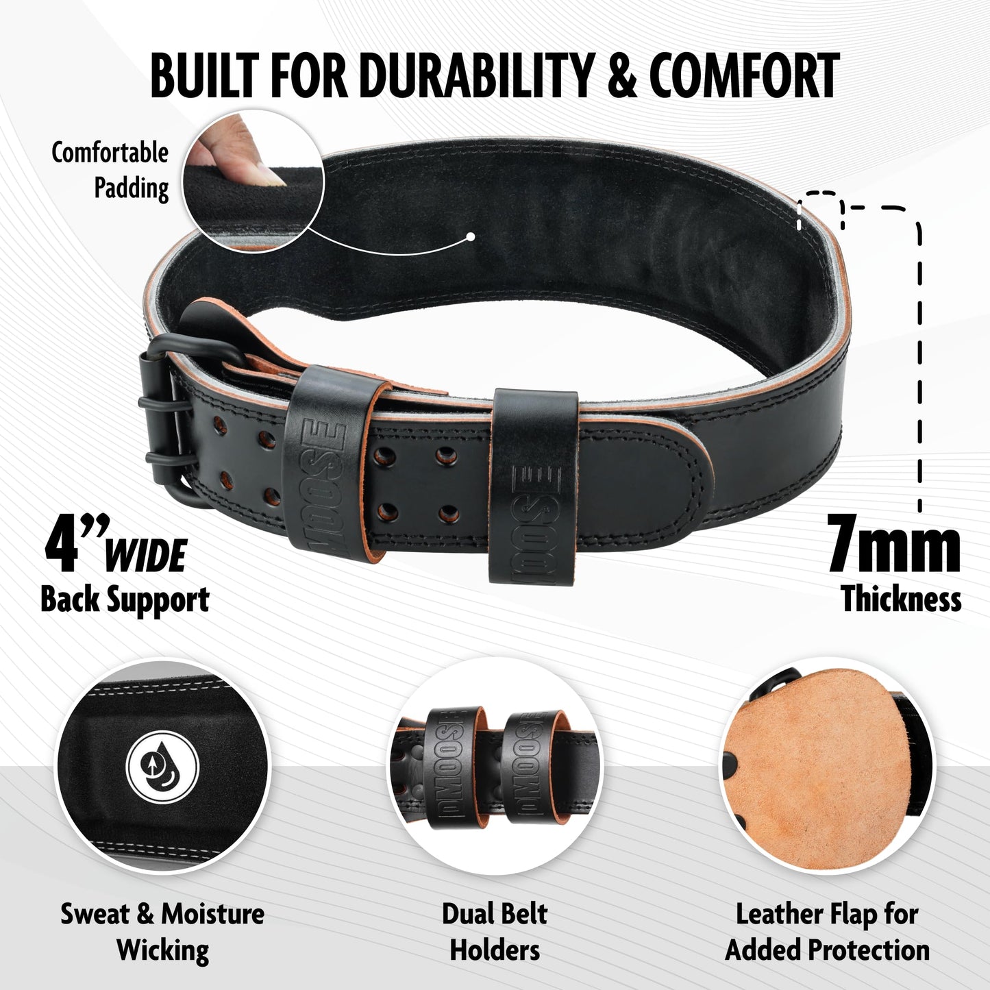 DMoose weight belt - Squat and weightlifting belts - 7MM Premium Cushioned Lumbar Support - Genuine Leather, Adjustable, Comfortable belt lifting 4" Black L