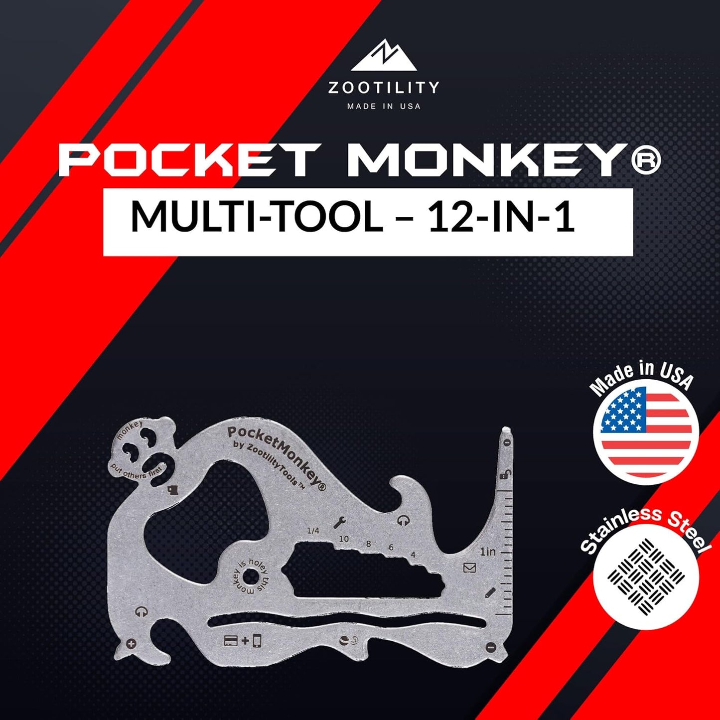 Wallet Multi-Tool, PocketMonkey 12-in-1 Credit Card Tool, Bottle Opener, Stainless Steel, MADE IN USA