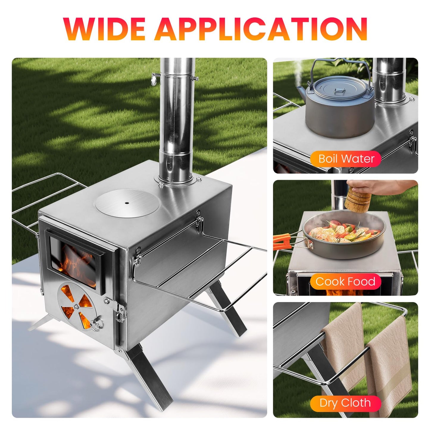 LAMA Stainless Steel Hot Tent Stove - Wood Burning Stove with 6 Chimney Pipes for Tents, Camping, Fishing & Hunting - Portable Outdoor Heating & Cooking, Silver