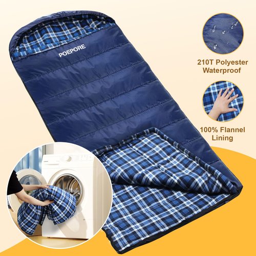 POEPORE Flannel Sleeping Bag Cotton 0 Degree Cold Weather for Adults XXL Sleeping Bag 4 Season Big and Tall with Compression Sack