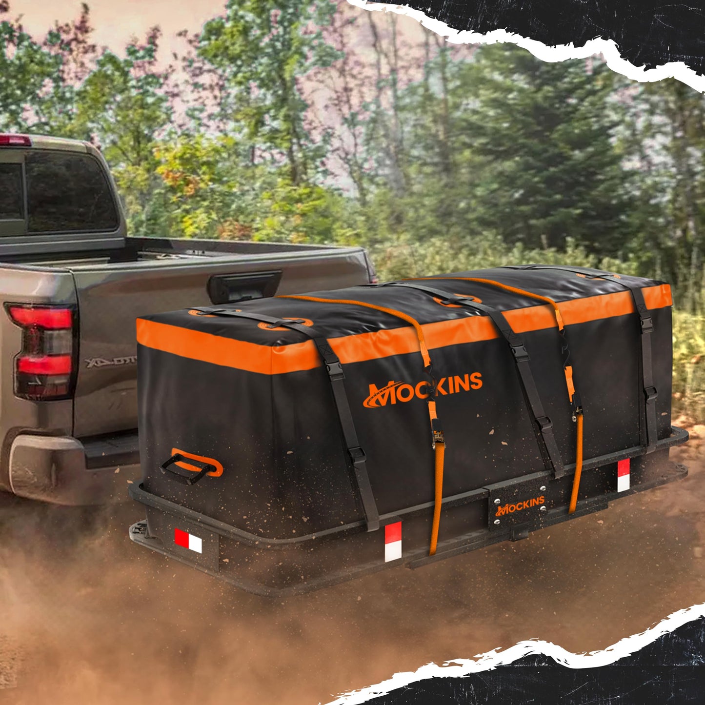 Mockins 16 Cu.Ft. Trailer Hitch Cargo Carrier Bag | 58"x20"x24" All-Weather Waterproof Cargo Bag for Hitch Carrier | Abrasion-Resistant Vinyl Truck Bed Storage Set w/Straps, Combo Lock, & Carry Case