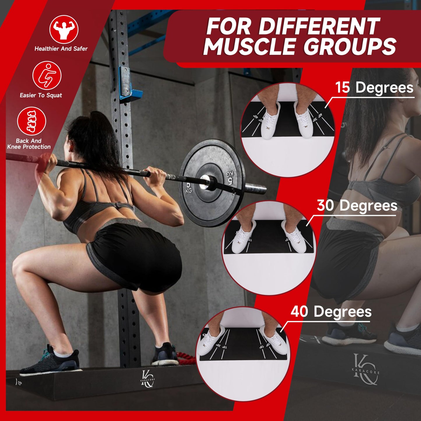KaraCore Squat Wedge 15°-40° Slant Board with 5 Resistance Bands - Extra-Wide, Non-Slip Board for Deep Squats & Calf Stretching - 1000lb Capacity