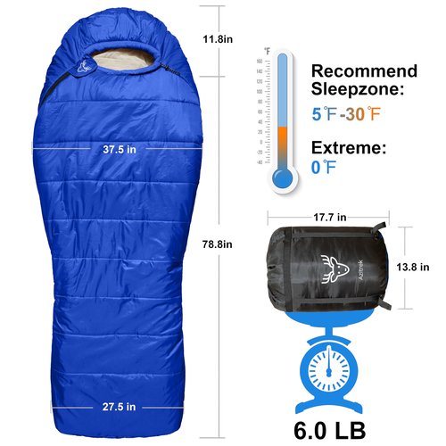 Azitrek 0 Degree Camping Sleeping Bags Mummy for Adults Youth | XXL Big and Tall 3-4 Season Warm Cool Winter Cold Weather Sleeping Bag w. Compression Sack | Side Sleeper Friendly (Lake Tahoe Blue)