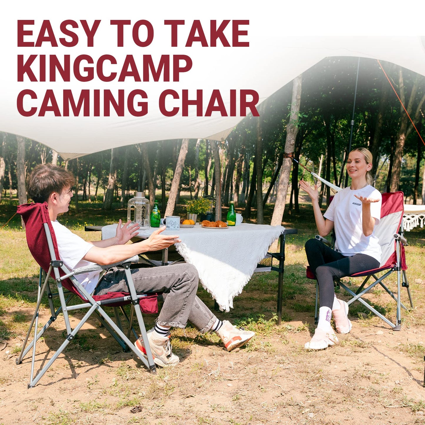 KingCamp Camping Chair for Adults with Arm Rest and Cup Holder Portable Camping Chair Support 300LBS Heavy Duty Folding Camp Chair for Lawn Outdoor Sports Travel (Red&Gray)