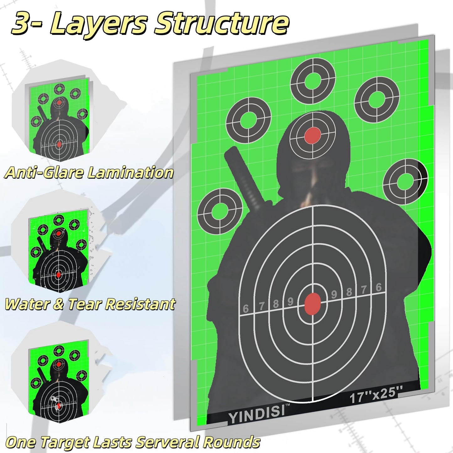 17x25 inch Fluorescent Green Opponent Silhouette Target with White Grid Lines, NonReflective Surface, Includes Carrying Bag, 25 Sheets, Ideal for Handguns, Rifles, Airguns, BB Guns