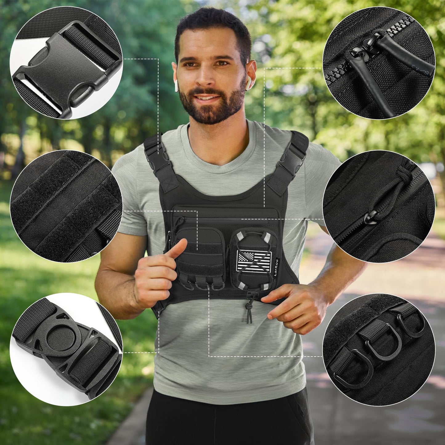 LarKoo Sports Chest Bag & Vest Holster for Men & Women - EDC Pouch Bag Fits Most Pistols, Adjustable IFAK Travel Chest Pack for Running, Hiking, Workouts... (Black)