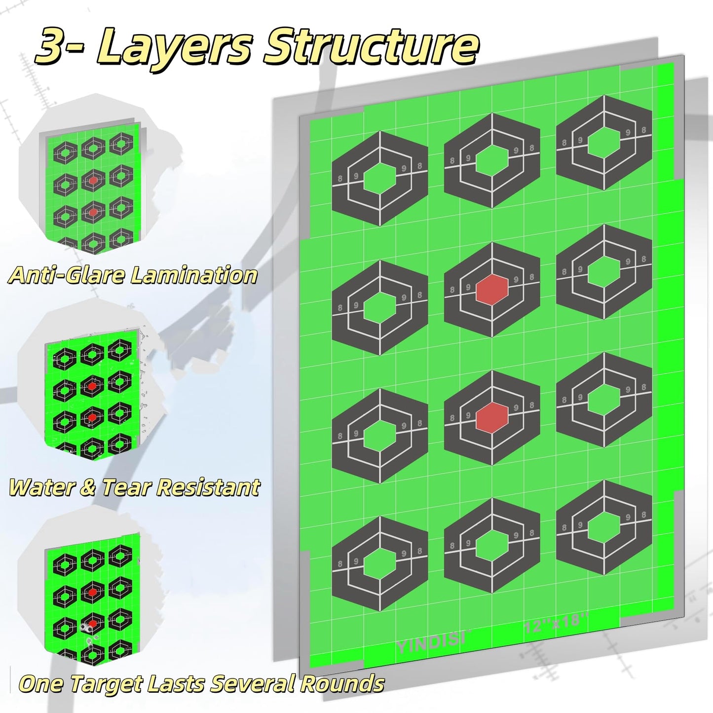 12x18 inch Fluorescent Green Diamond Grid Targets with White Grid Lines,High Contrast, NonReflective Surface, Includes Carrying Bag, 25 Sheets,Ideal for Handguns, Rifles, Airguns, BB Guns