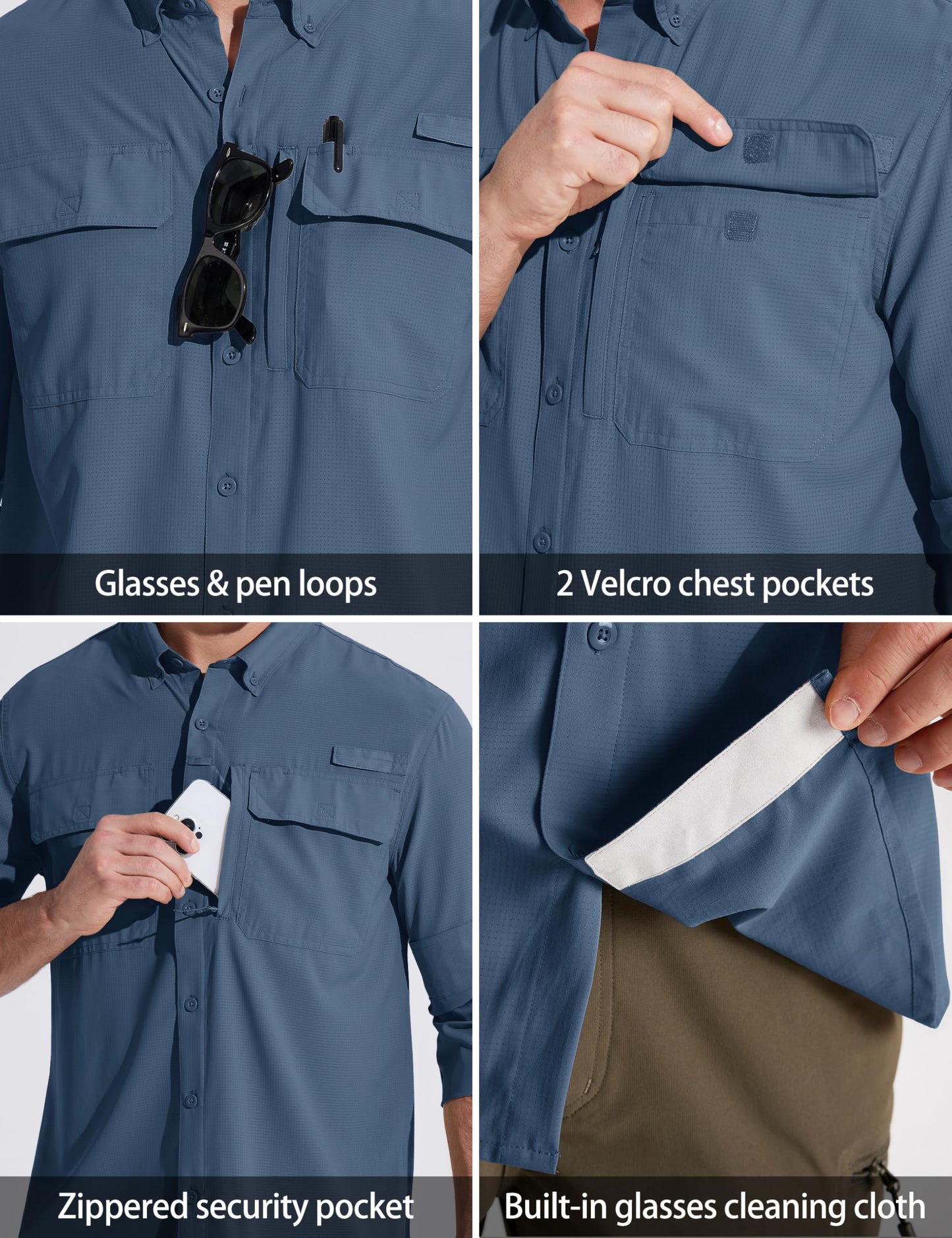 MAGCOMSEN Mens Long Sleeve Button Down Shirts UV Sun Protection Quick Dry Fishing Shirts Button Up Work Hiking Camping Shirts Blue Grey L