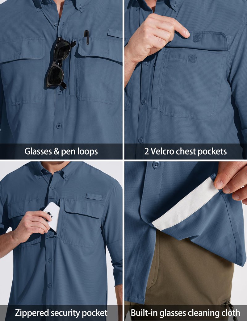 MAGCOMSEN Mens Long Sleeve Button Down Shirts UV Sun Protection Quick Dry Fishing Shirts Button Up Work Hiking Camping Shirts Blue Grey L