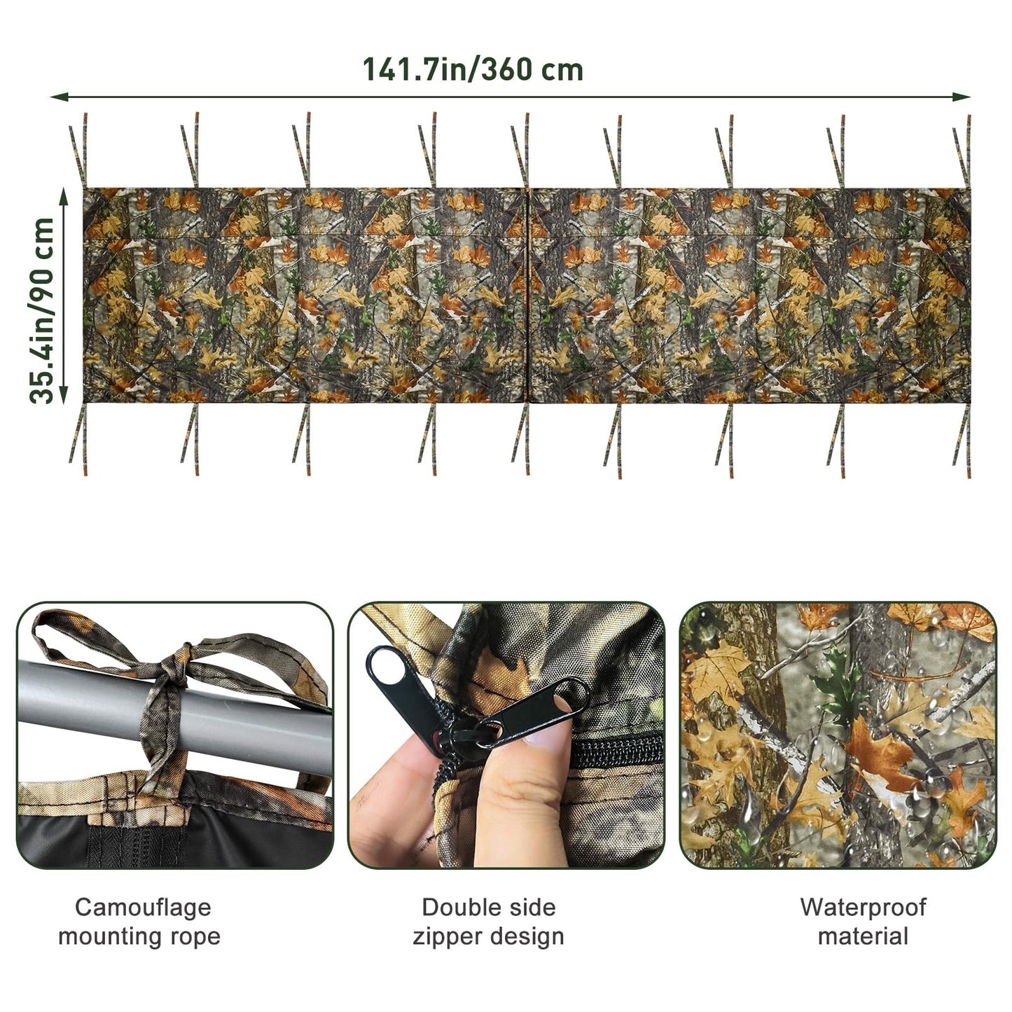 Four-sided Hunting Tree Stand Blinds Kit, 142" x 35" Large Treestand Camo Blind Cover Universal 2 Man Ladder Stand Blind Camouflage Stand Accessories with Zipper Pocket Storage Bag for Deer Hunting