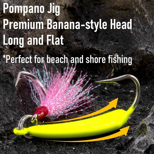 Dr.Fish 5 Pack Pompano Jigs with Teaser Hooks, Surf Fishing Jig Heads Saltwater Lure Banana Shape Stand Up O'Shaughnessy Beach Casting Halibut Striper Redfish Flounder Mixed Color 3/8oz