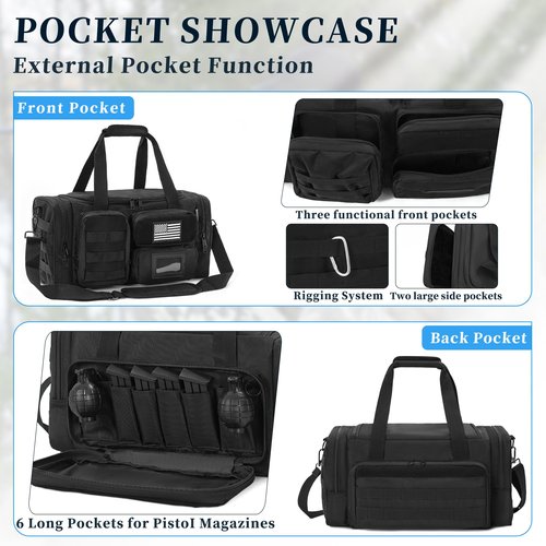 OUUTMEE Tactical Pistol Range Bag, Gun Range Bag for 4 Handguns, Shooting Duffle Range Pistol Bag with 6X Magazine Slots, Extra Pockets for Ammo and Essentials