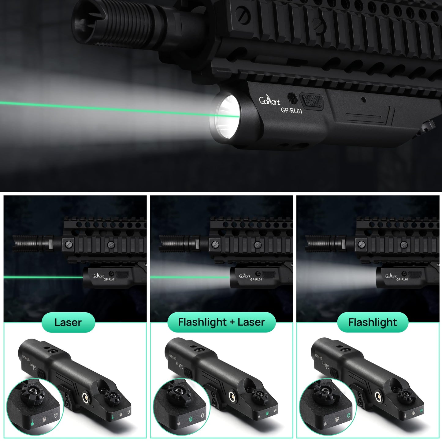 2500 Lumen Aluminum Alloy Rifle Laser Light Combo, 2.5 Hours Long Runtime AR15 Weapon Light and Green Laser, Picatinny Rail MLOK Mounted LED Tactical Flashlight, Low Profile Flashlight AR Rifle R15
