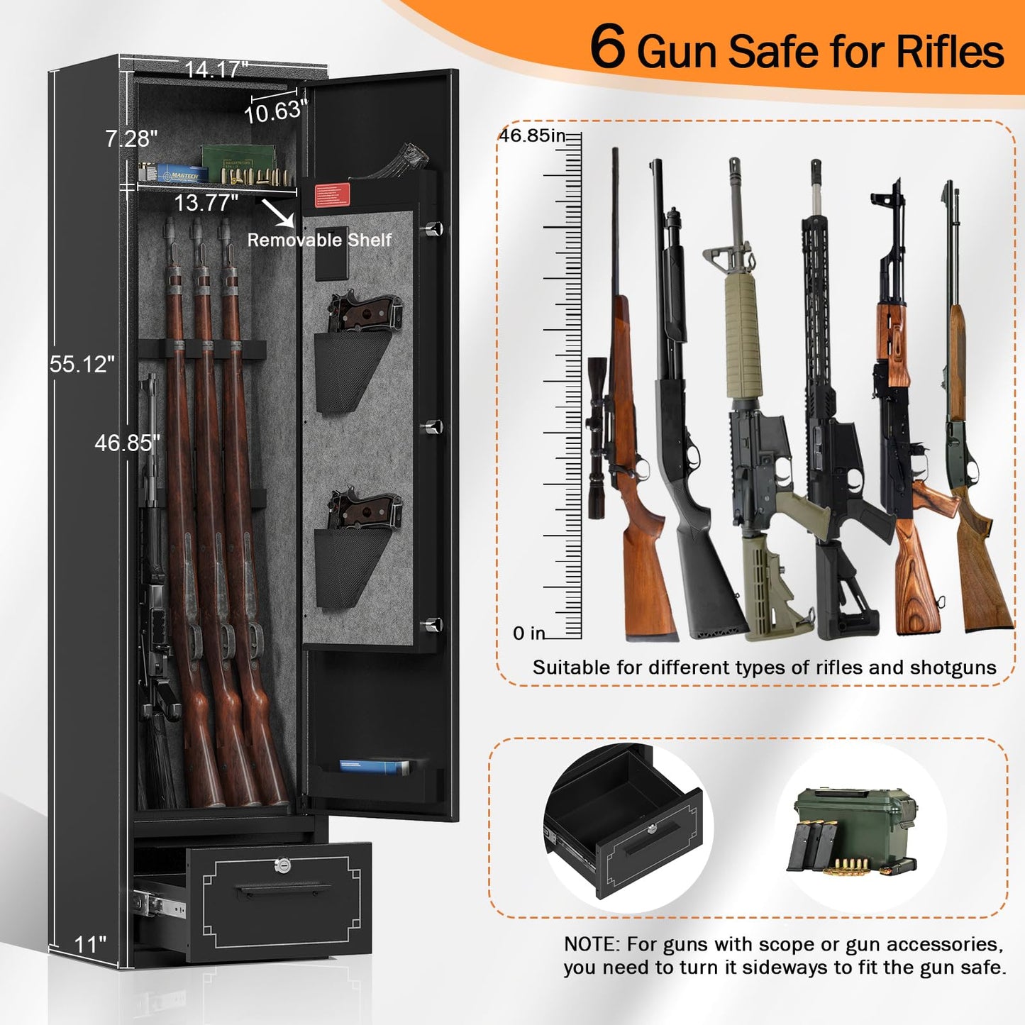 6 Gun Safes Gun Safe for Rifles and Pistols Heavy Duty Gun Cabinet for Rifles and Shotguns Rifle Safes for Home Gun Safe Clearance Gun Locker with Drawer Digital Lock and Removable Shelf