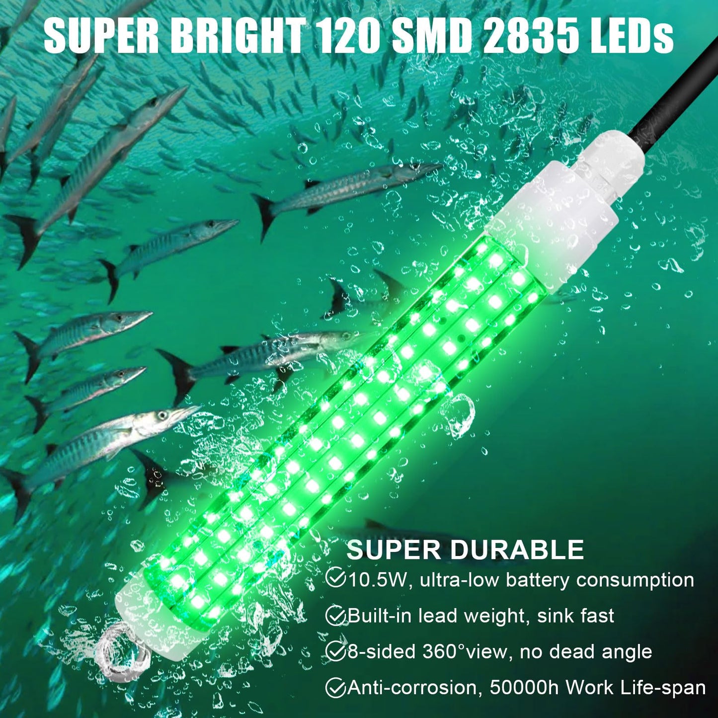 120 2835 SMD LED Underwater Fishing Light,8" 10.5W DC 12V 1000ML Green Night Fishing Finder Attractor, IP68 Submersible Boat Lamp for Lure Bait Snook Crappie, 22.3ft Cord Wire &Cigarette Adapter Wire