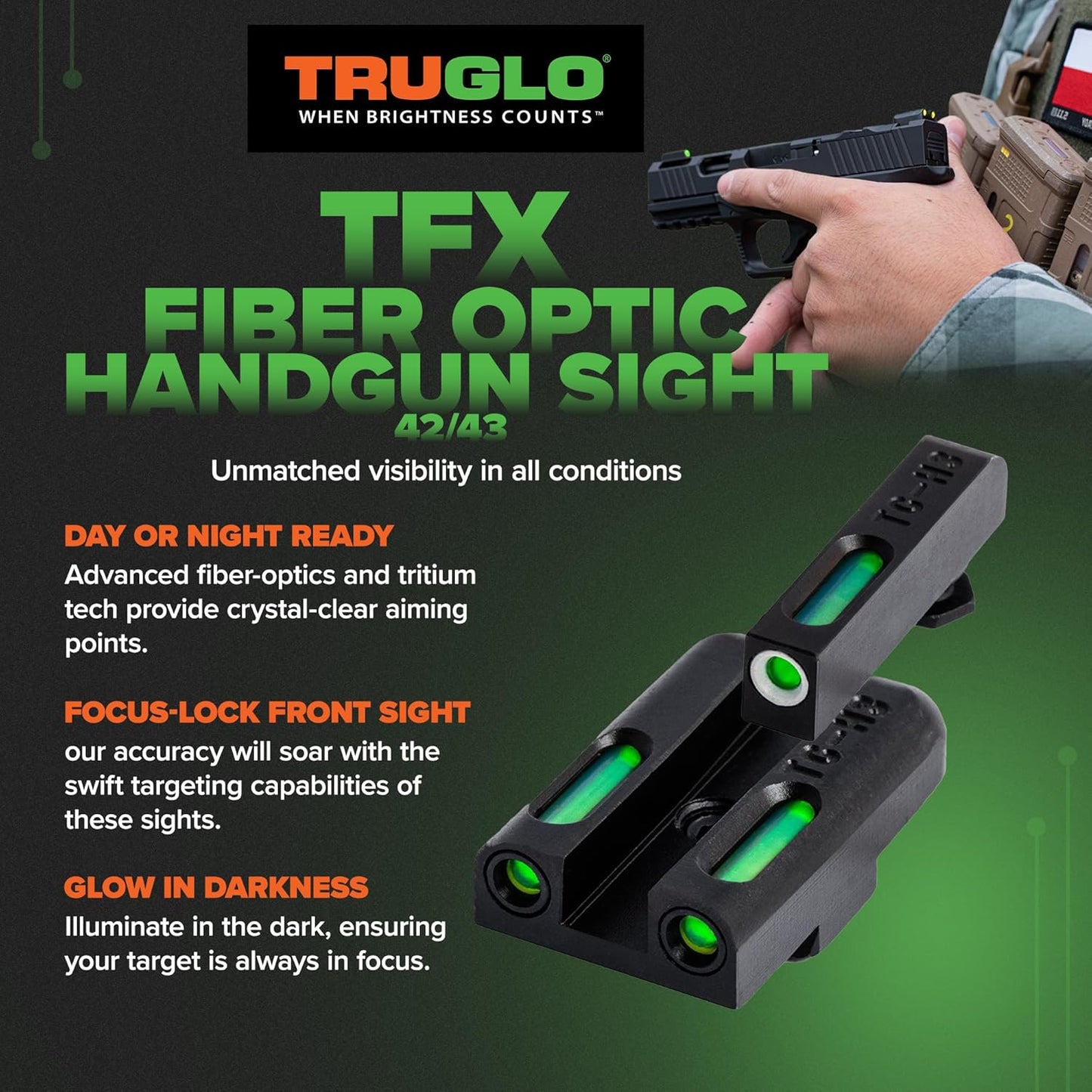 TRUGLO TFX Handgun Sight | Durable Shock-Resistant Compact Brightly Glowing Tritium & Fiber-Optic Xtreme Day/Night Sight for Handguns