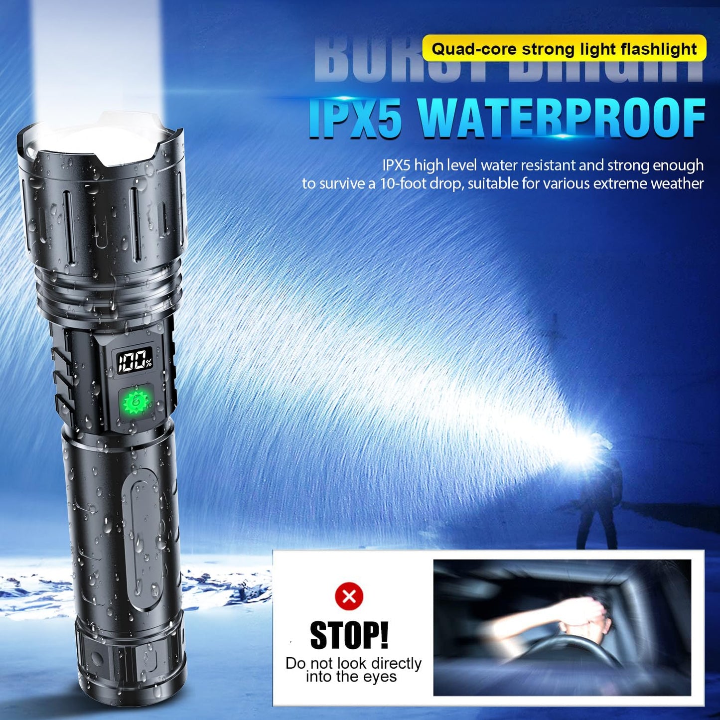 Hoxida Flashlights High Lumens Rechargeable - 2000 Lumens Long Beam Super Bright LED Flash Light with Power Display & IPX5 Waterproof for Camping, 20H Runtime,5 Modes,Zoomable Handheld Flashlight