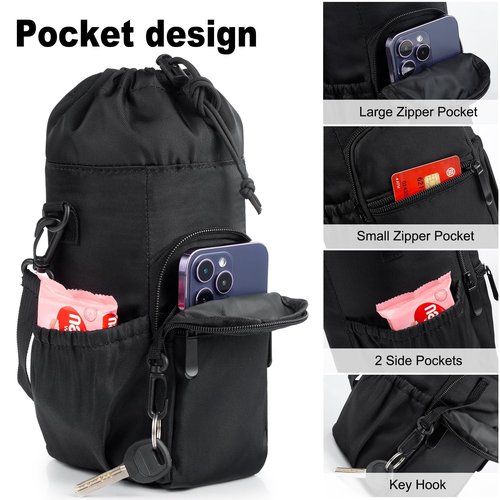 FXTBE Water Bottle Carrier with Strap and Pouch 32oz 40oz 64oz 16oz Water Bottles, Crossbody, Insulated Cooler Bag, Shoulder Sling for Walking, Black