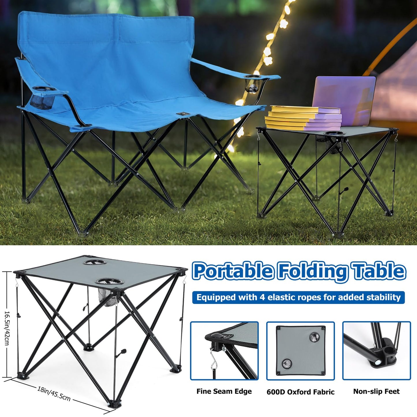 Leonyo Double Folding Camping Chair with Grey Table, Outdoor Portable Loveseat Lawn Chairs for Adults with Camping Table with Carrying Bag for Beach, Backyard