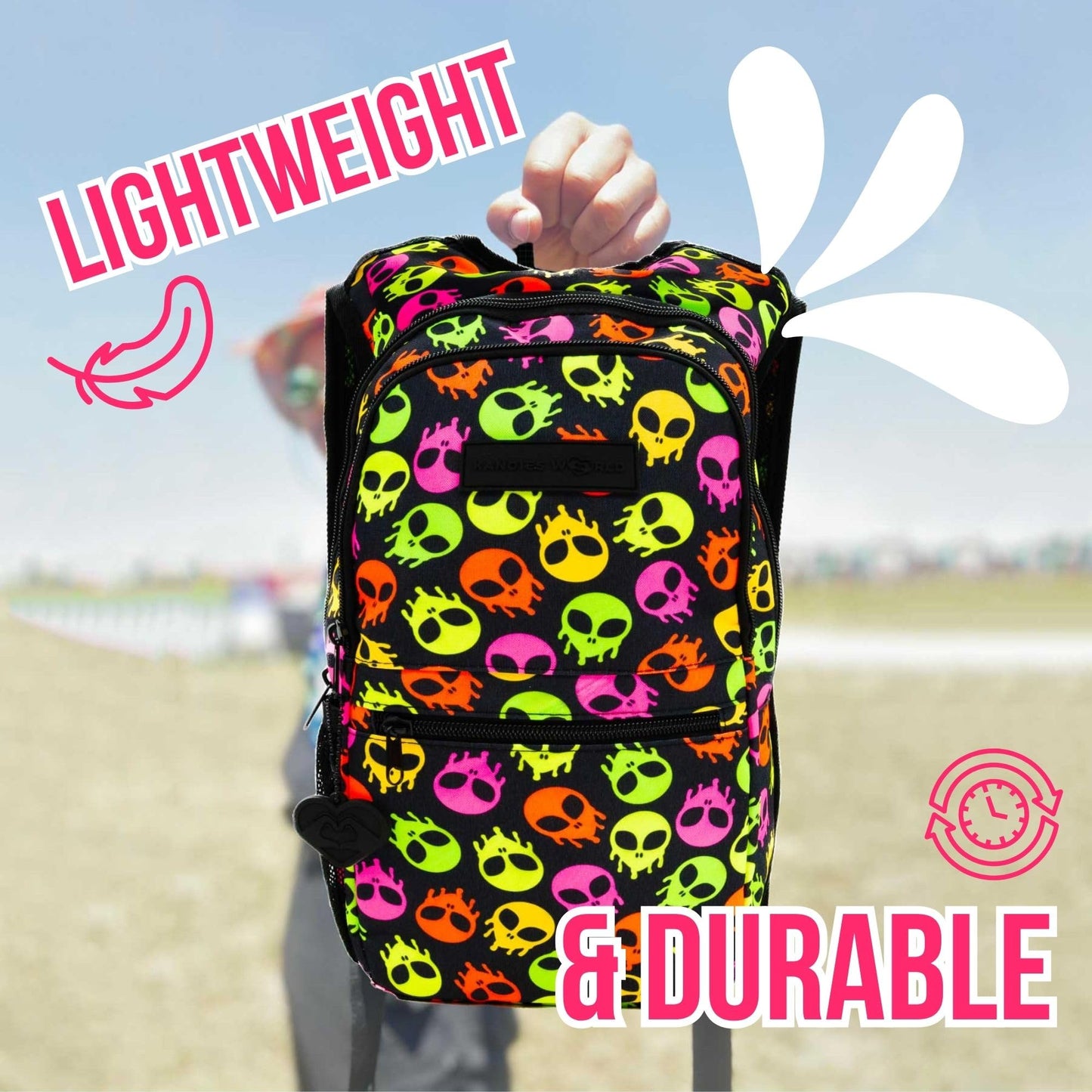 Kandies World Reflective Festival Hydration Pack - 2L Water Bladder for Raves, Hiking, Biking, Running, and More (Multi-Pocket Design) (Skull Alien)