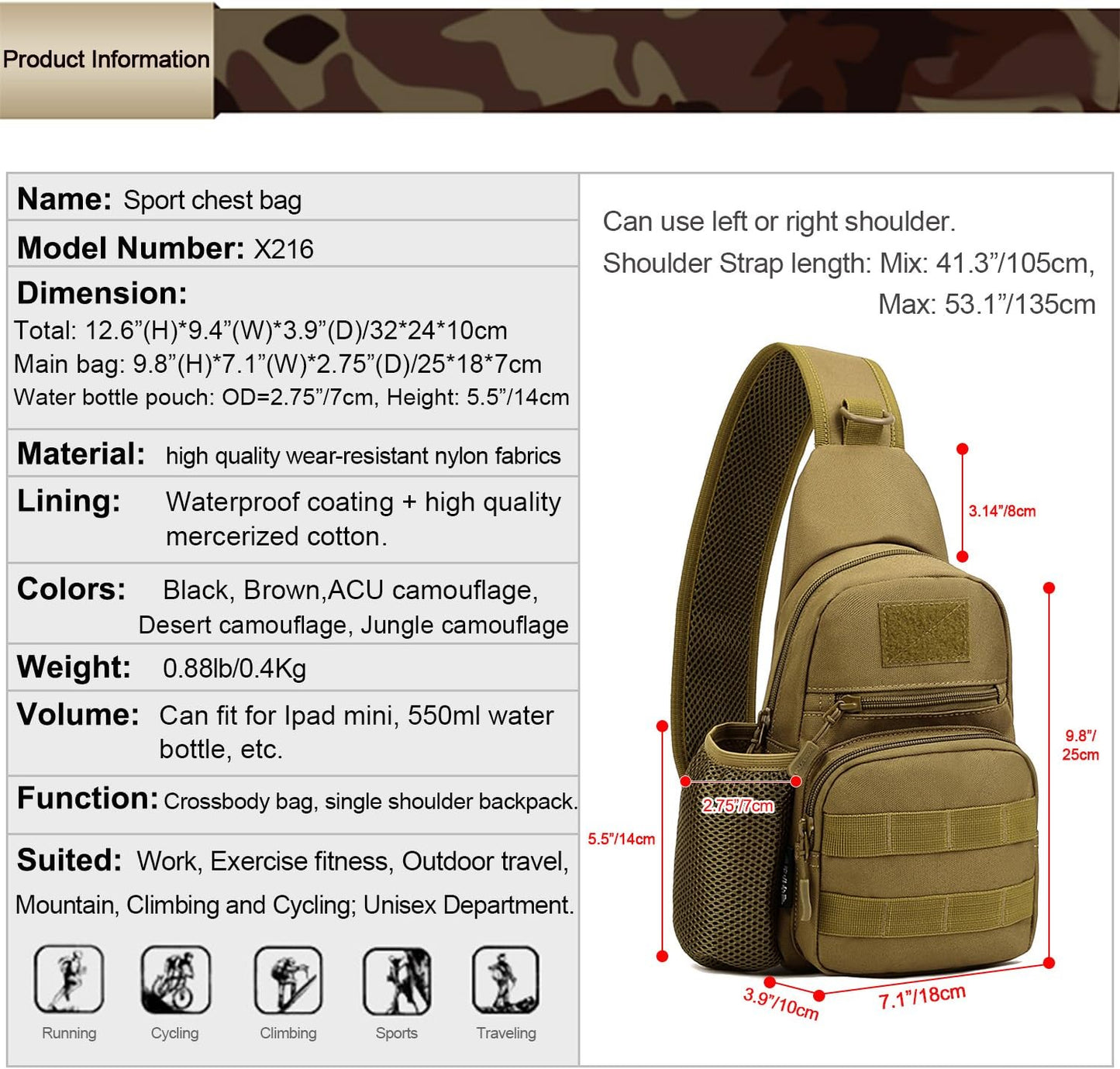 HUNTVP Small Tactical Sling Chest Pack Bag Molle Daypack Backpack Military Crossbody,Type1- ACU Camouflage