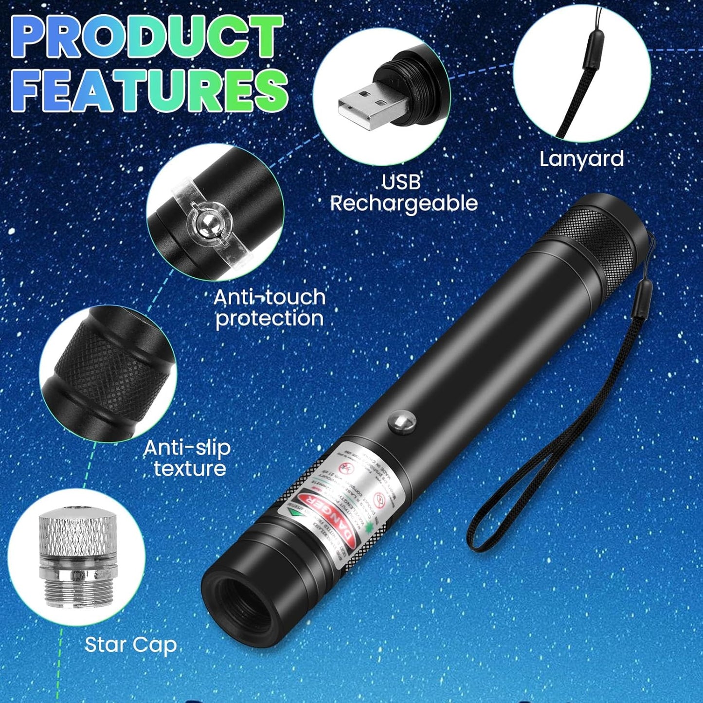 Rechargeable Green Laser Pointer High Power, Long Range Green Beam Laser Pointer with Star Cap for Astronomy, Architecture, Outdoor Adventures