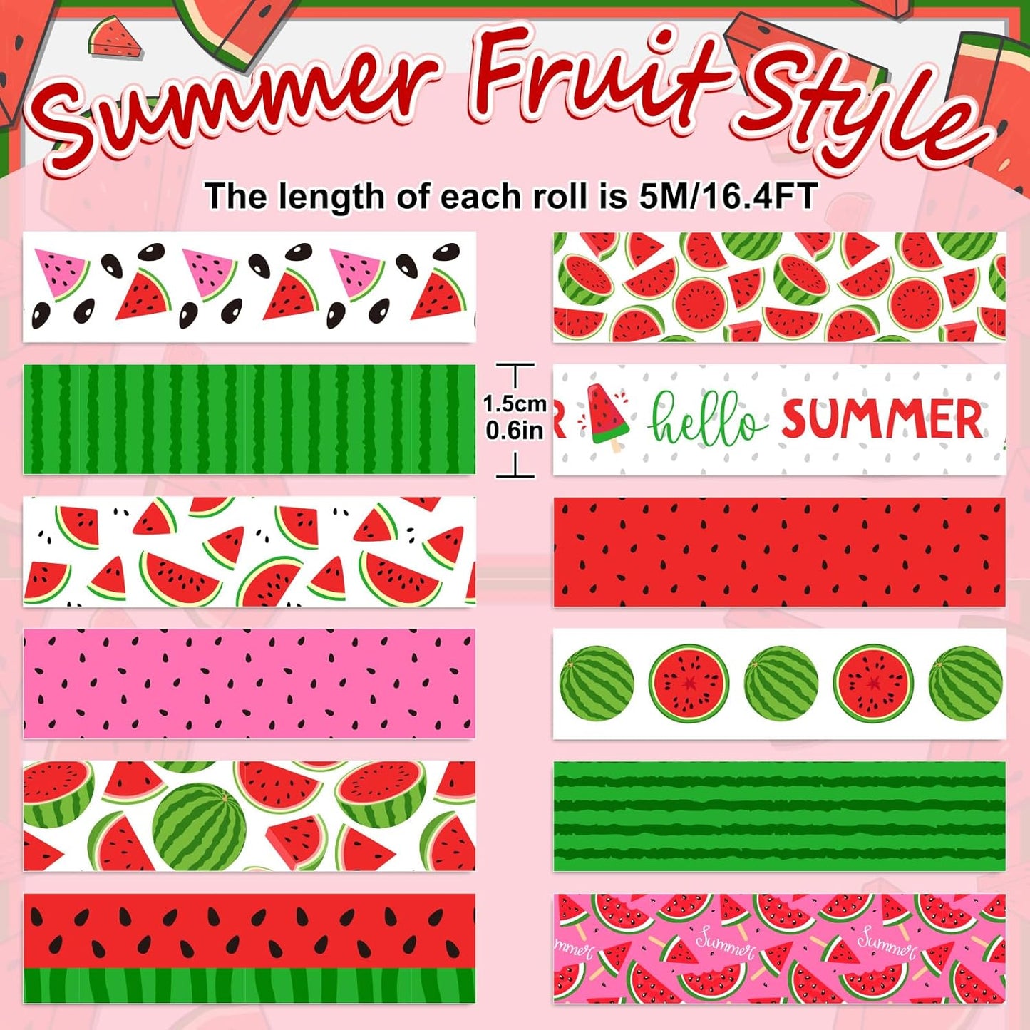 12 Rolls Strawberry Washi Tape Sweet Red Berry Decorative Masking Tape Set Summer Fruit Wrapping Paper Tapes for Scrapbook Journal DIY Art Crafts
