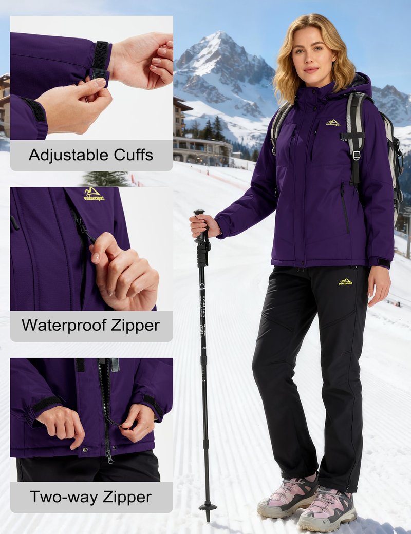 MAGCOMSEN Ski Coats for Women Winter Waterproof Warm Insulated Thermal Snowboarding Jacket Windproof Purple Raincoat XL
