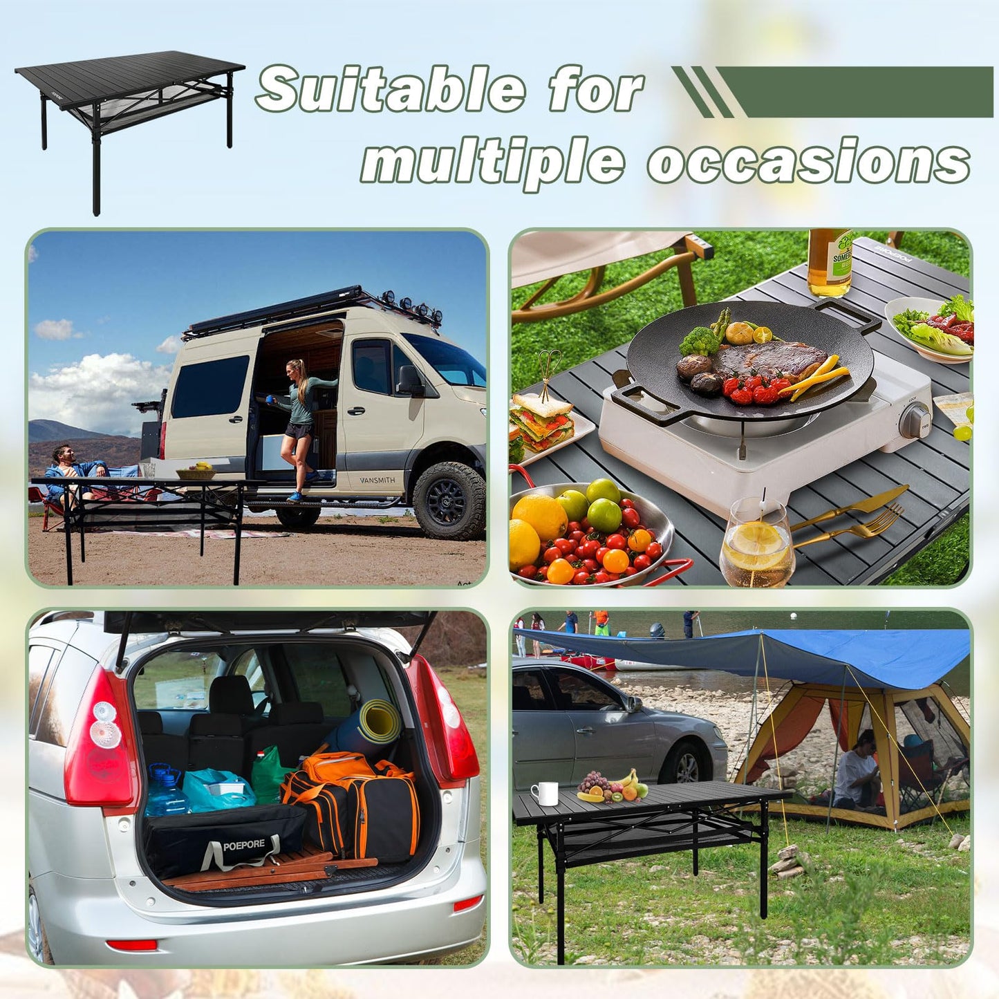 POEPORE Large Folding Camping Table Aluminum with Storage for 4-6 People 55"X27.5" Roll Up Tall Outdoor Portable Table Lightweight with Carry Bag for Picnic BBQ Backyard Beach