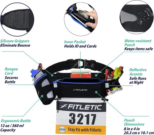 Fitletic Hydration Running Belt with 12oz Water Bottle – Bounce-Free Race Belt for Men & Women, Water-Resistant, Fits All Phones