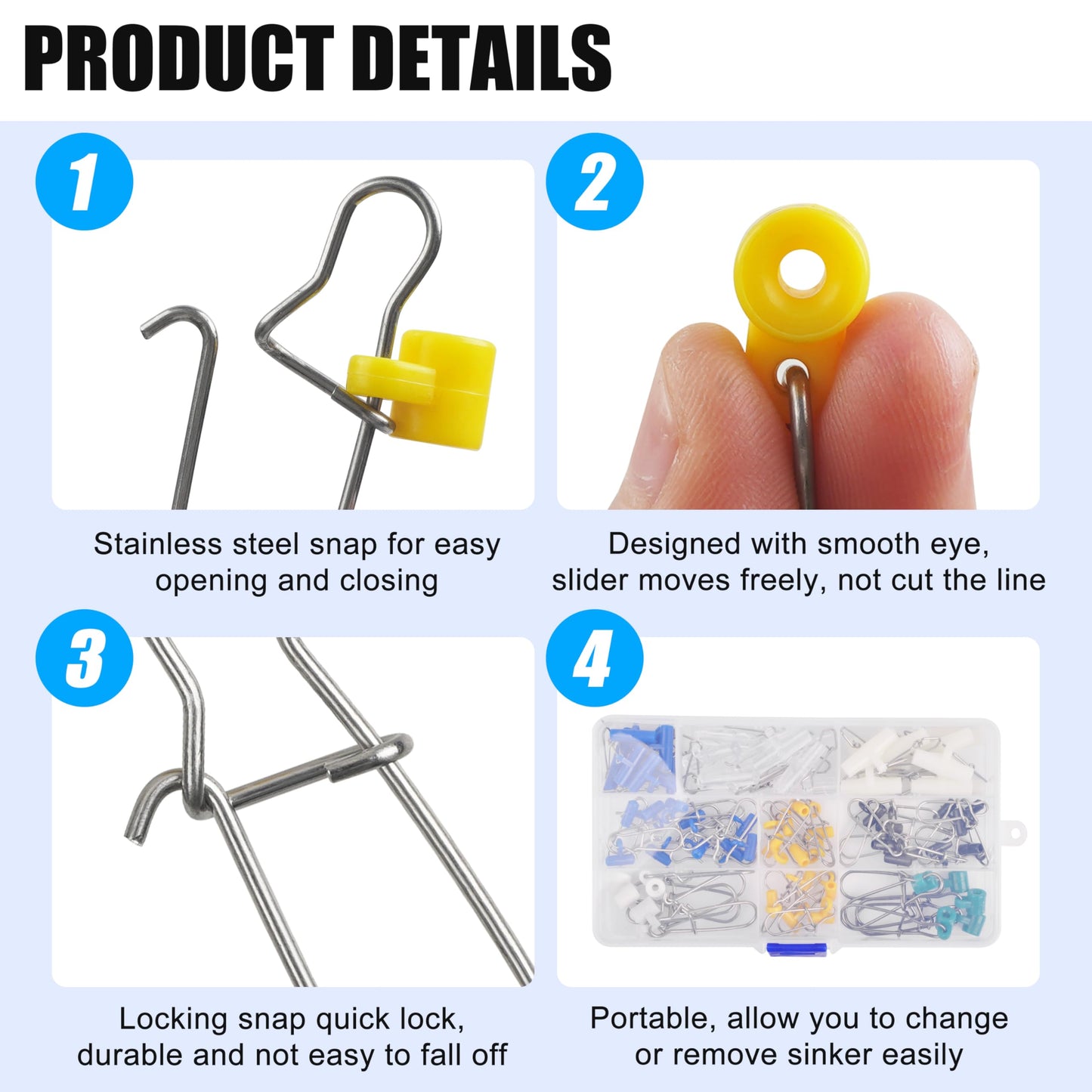 Fishing Line Sinker Slides, 70pcs Heavy Duty Sinker Slider with Stainless Steel Duo-Lock Snap Swivel Weights Connector for Catfishing Rig Tackle