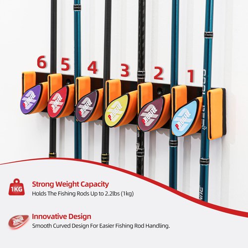 Wall Mounted Fishing Rod Holder for Garage, Horizontal & Vertical Fishing Rod Rack, Fishing Pole Storage with Soft EVA Protective Pad, Holds Up to 6 Rods or Combos, Fits Most Fishing Poles(1 Pack)