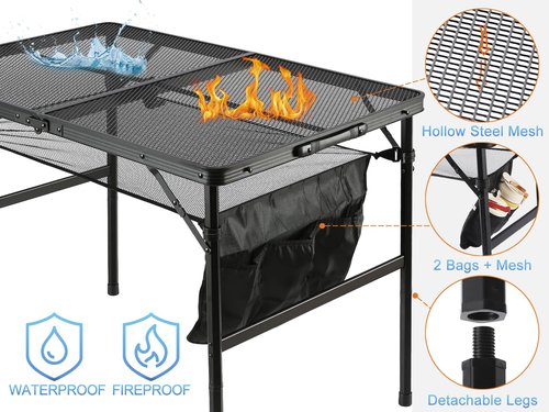 SKIKEN Folding Metal Camping Table with Mesh Layer, Portable & Lightweight Grill Table for Outdoor, 2 Adjustable Heights, Metal Mesh Tabletop for Camping Cooking, Medium Size (2.95 FT, Black)