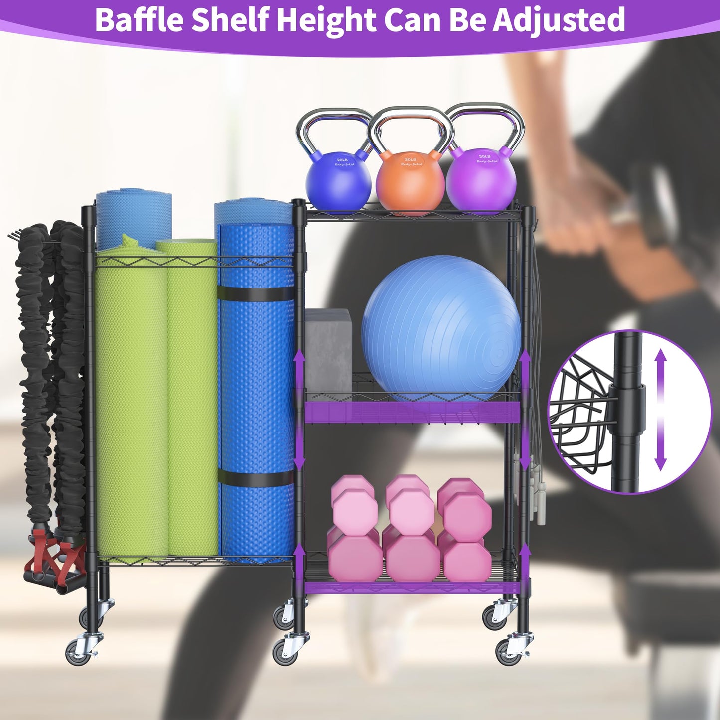lesolar Rolling Yoga Mat Storage Rack, Yoga Storage Organizer for Home Gym Storage, 3 Tiers Gym Equipment Rack for Straps Dumbbells Kettlebells Foam Rollers Light Hand Weights Resistance Bands