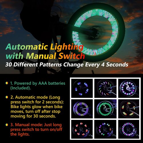 DAWAY A12+ LED Bike Wheel Lights for Night Riding, Waterproof Safety Bicycle Spoke Lights with Batteries Included, Bright Bike Accessories Gifts for Kids Adults, 30 Fun Patterns Change, 2-Tire Pack