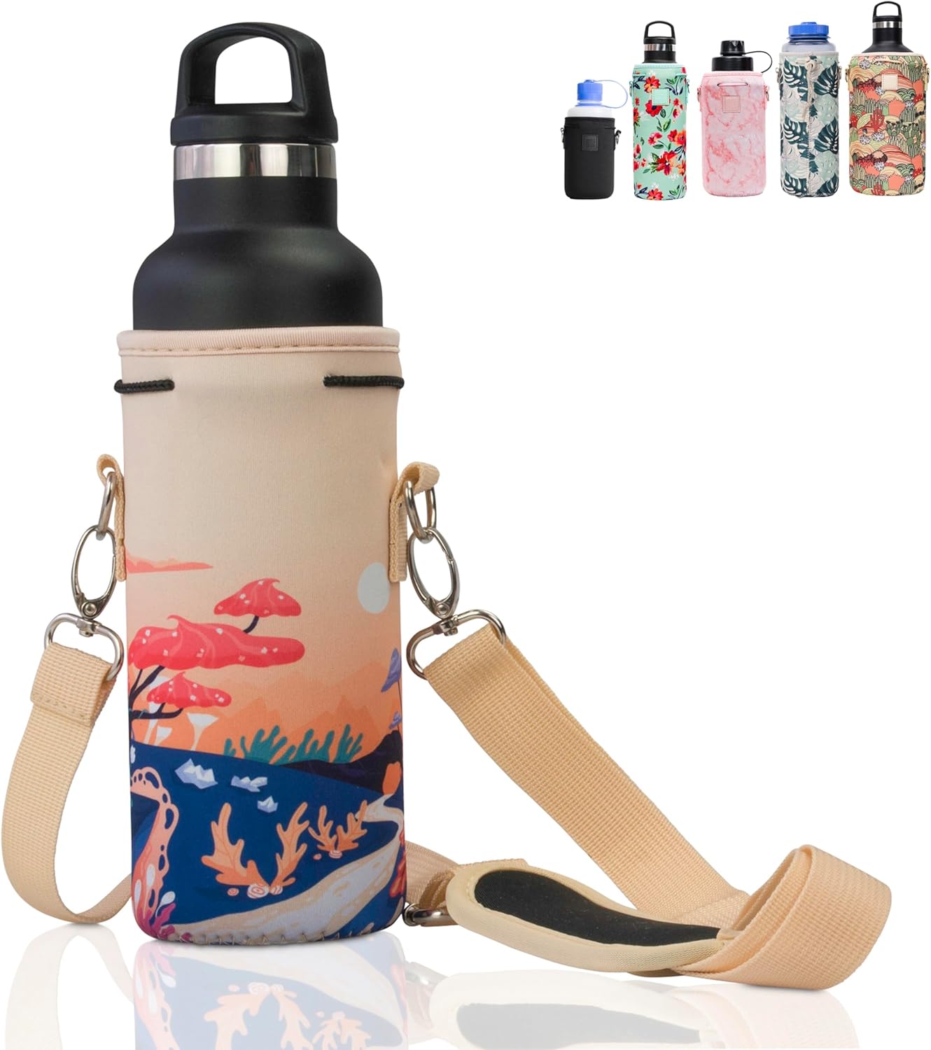 Insulated Neoprene Water Bottle Carrier | Adjustable Sling Pouch | Black, Large