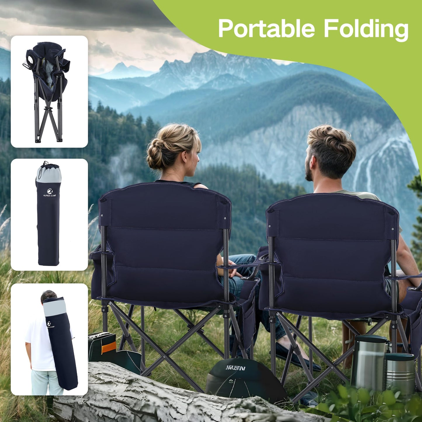 2 Pack Oversized Folding Camping Chairs High Back Heavy Duty Padded Lawn Chair for Adults Support up to 450lbs with Cup Holder, Side Pocket Cooler Bag, Blue
