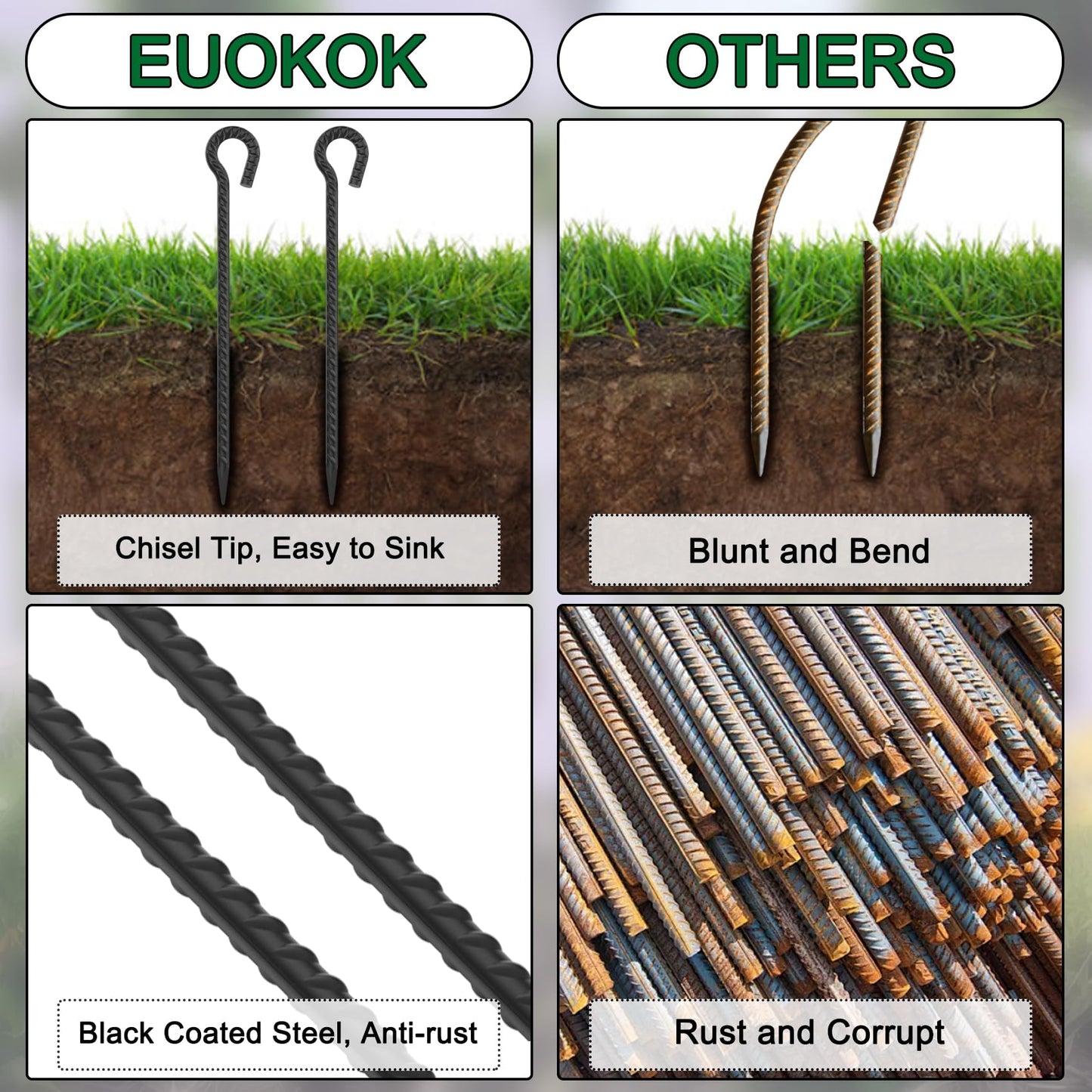 18 Inch Rebar Stakes with Loop 12 Pack Camping Tent Ground Anchors Heavy Duty 1/2 Inch Diameter Metal Tree Stakes and Supports for Leaning Trees, Dog Tie Out Stake, Garden Rope Fence Stakes, Black