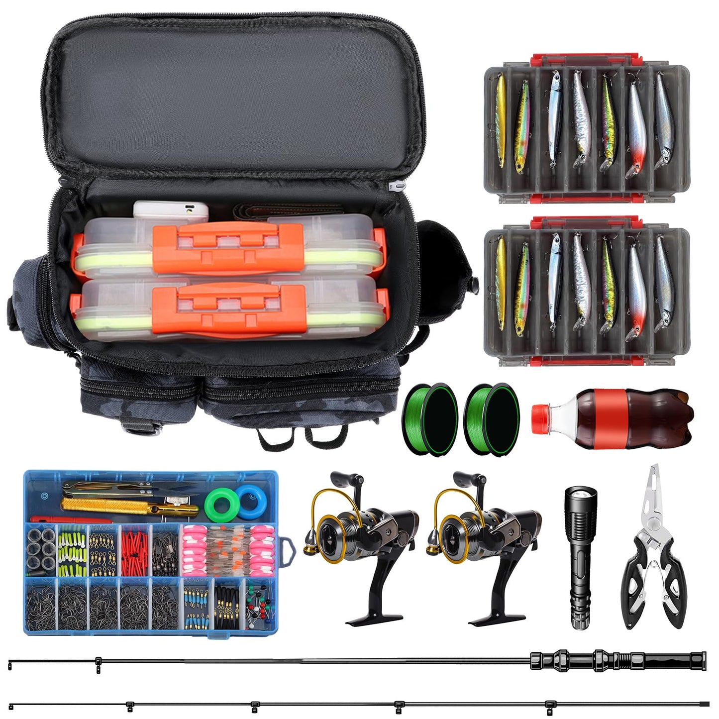 Fishing Bag, Fishing Tackle Storage Bag Chest Pack Rod Holder Shoulder Pack & Waist Bag Organizer with Belt & Shoulder Strap, Colorful Reflective Stripes for Hiking Fishing Camping (Black Camouflage)