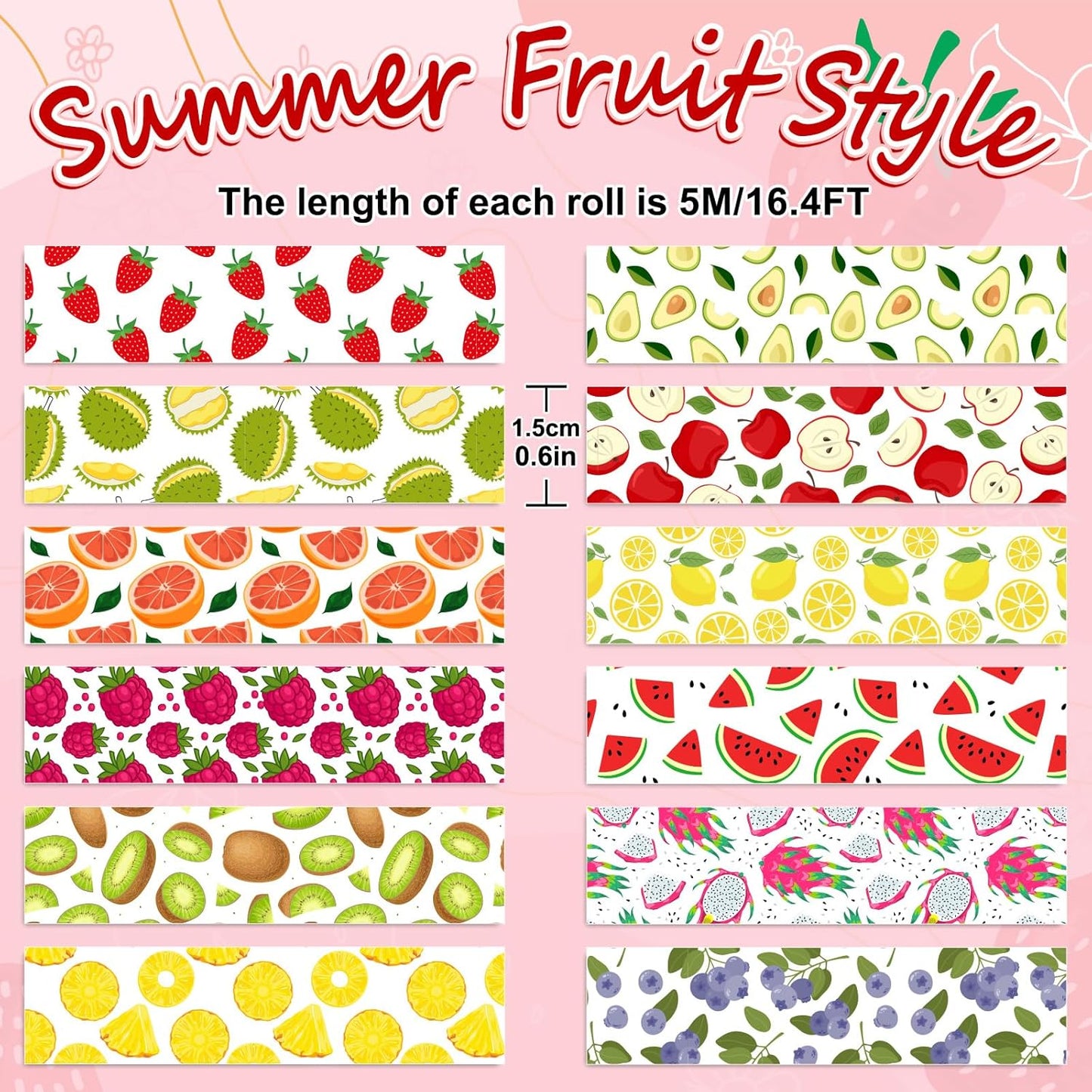 12 Rolls Strawberry Washi Tape Sweet Red Berry Decorative Masking Tape Set Summer Fruit Wrapping Paper Tapes for Scrapbook Journal DIY Art Crafts